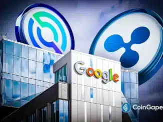 Prédio do Google com logotipos de criptomoedas flutuando acima representando competição no mercado blockchain