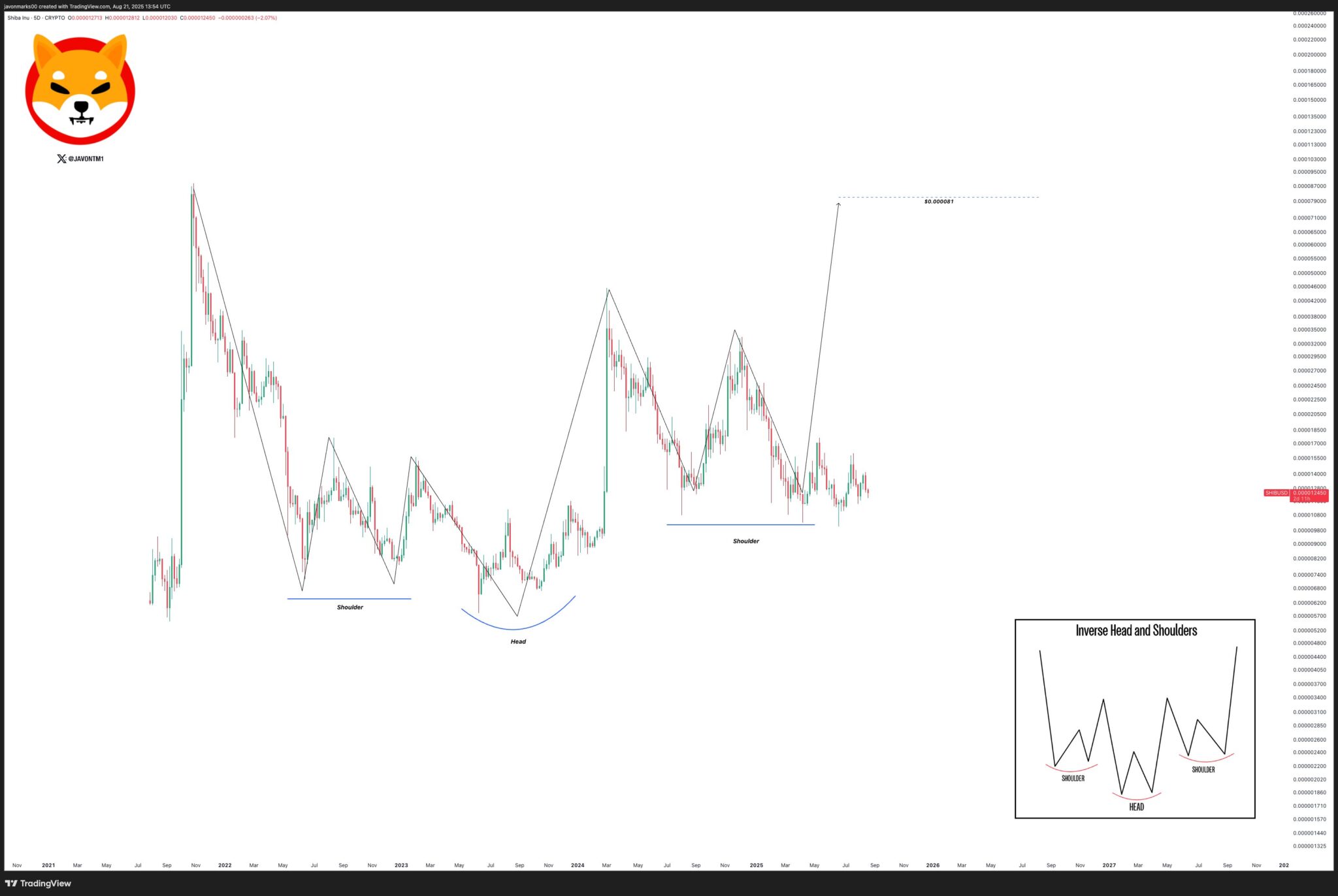 Gráfico de análise técnica da Shiba Inu no TradingView exibindo padrão ombro-cabeça-ombro invertido com projeção de alta para US$ 0,000081