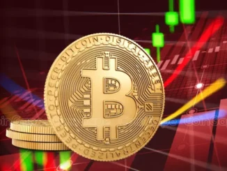 Moeda física de Bitcoin dourada em primeiro plano com candlesticks verdes e vermelhos de gráfico financeiro ao fundo.
