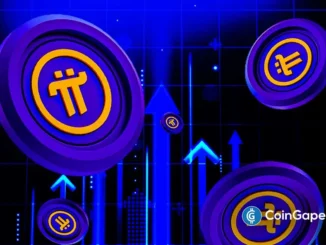 Ilustração 3D de moedas de criptomoedas com setas azuis apontando para cima em fundo roxo e azul com grade