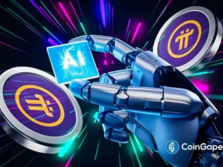 Robô futurista segurando tokens da Pi Network em ambiente tecnológico com luzes neon coloridas representando investimento em inteligência artificial.