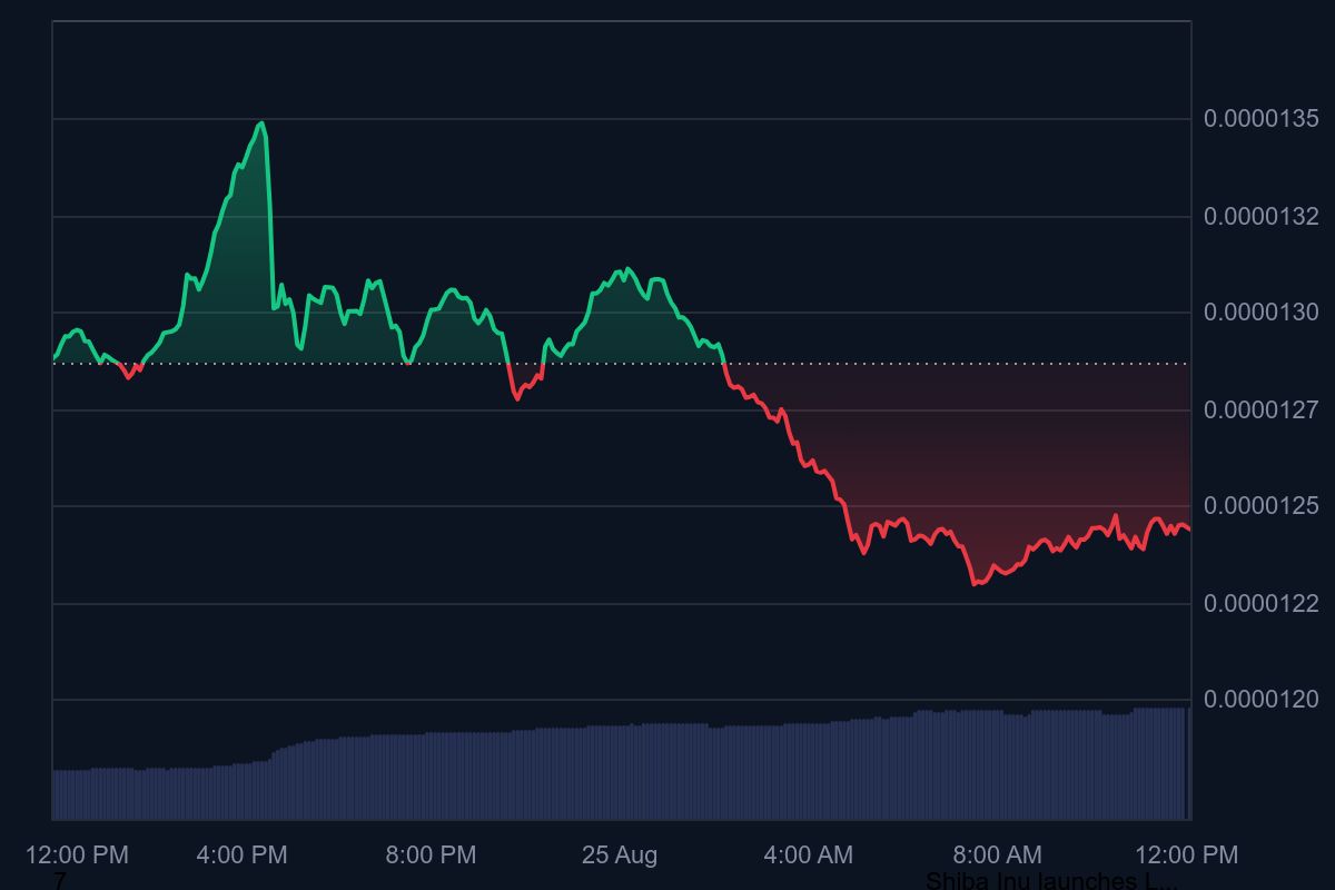 Gráfico de preços do Shiba Inu mostrando tendência de queda de verde para vermelho nas últimas 24 horas