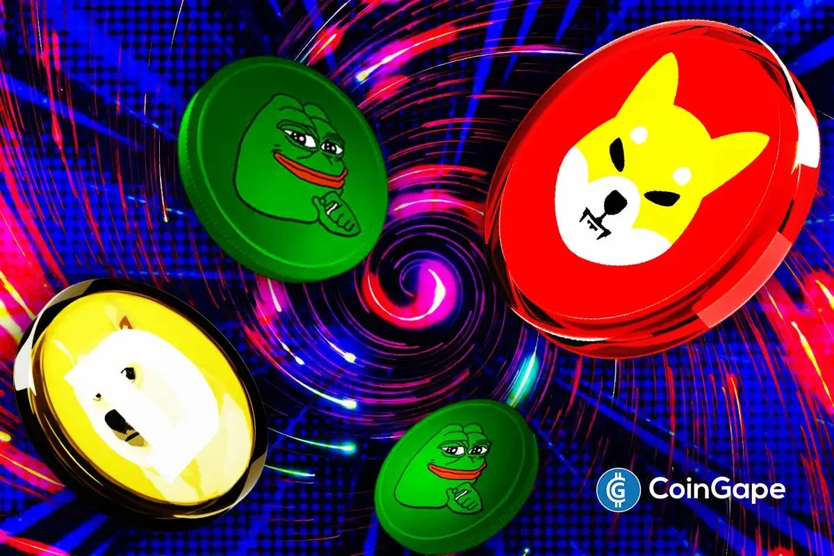 Arte digital mostrando logos das meme coins Dogecoin Shiba Inu e Pepe em espiral colorida.