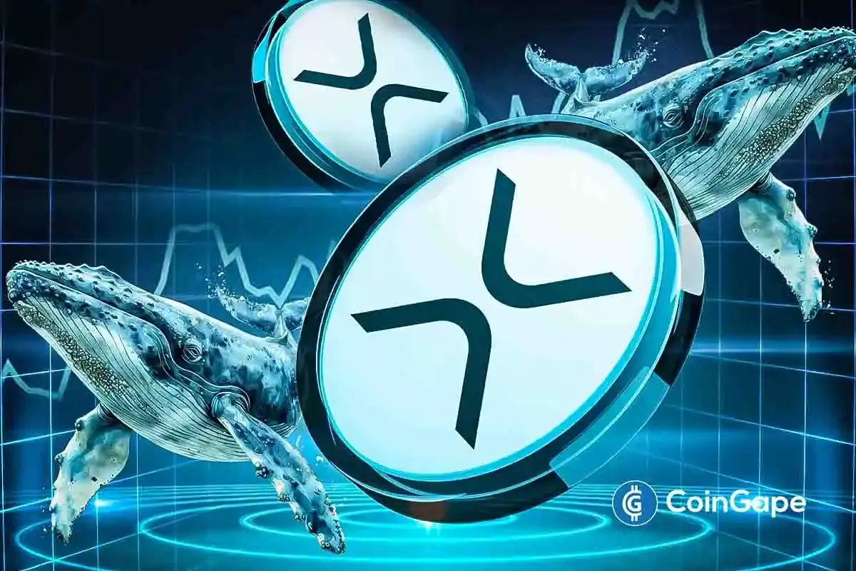 Ilustração digital mostrando logos do XRP flutuando sobre baleias em ambiente aquático tecnológico com grade azul.