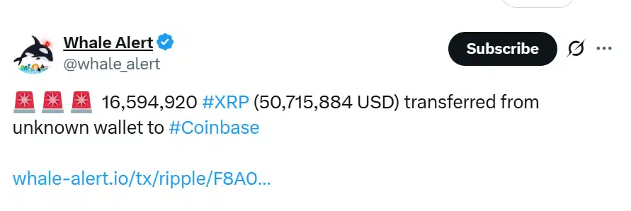 Captura de tela do post do Whale Alert mostrando transferência de 16.594.920 tokens XRP equivalentes a US$ 50,7 milhões