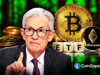 Foto de Jerome Powell, presidente do Fed, com símbolos de Bitcoin, Ethereum e a palavra ETF em destaque sobre fundo verde de gráficos financeiros.