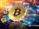 Moeda física Bitcoin dourada em destaque sobre gráficos de trading com candlesticks e indicadores técnicos em fundo bokeh multicolorido.