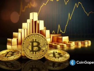 Moedas de Bitcoin douradas posicionadas em frente a barras de ouro com gráfico de preços em alta ao fundo