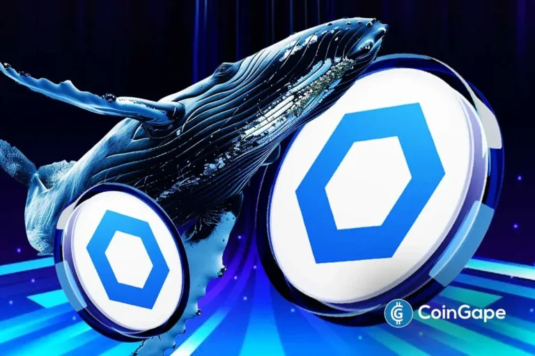 Baleia digital em tons azuis com símbolos do Chainlink flutuando, simbolizando grandes investidores