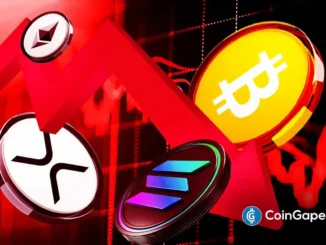 Ilustração artística mostrando logos de Bitcoin, Ethereum e outras criptomoedas em ambiente vermelho representando queda de mercado.