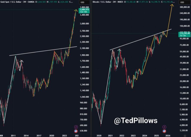 Gráfico duplo mostrando correlação entre movimentos de preço do ouro e Bitcoin ao longo de ciclos históricos