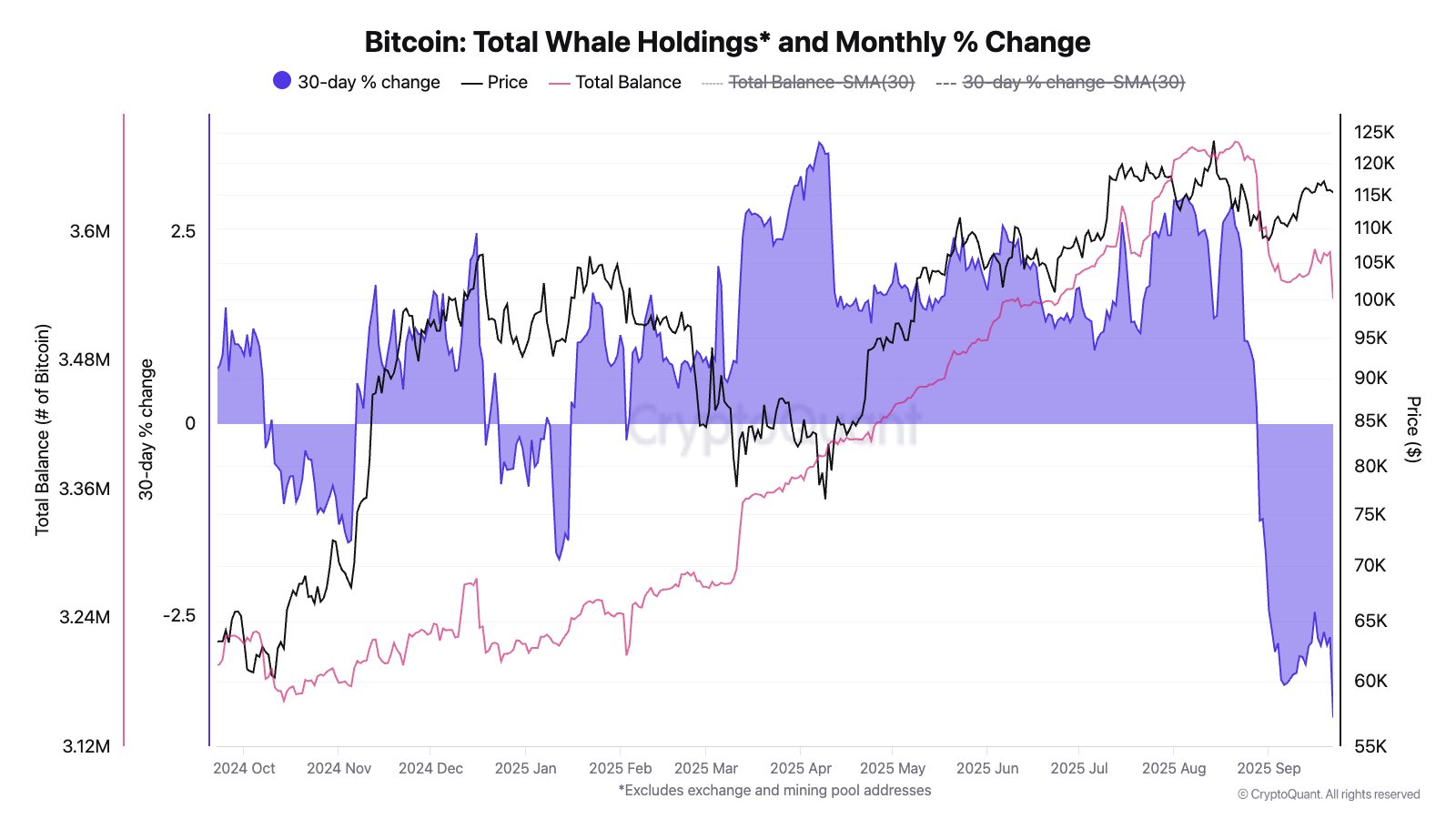 Gráfico temporal exibindo holdings de baleias Bitcoin com preço e variações percentuais de 30 dias.