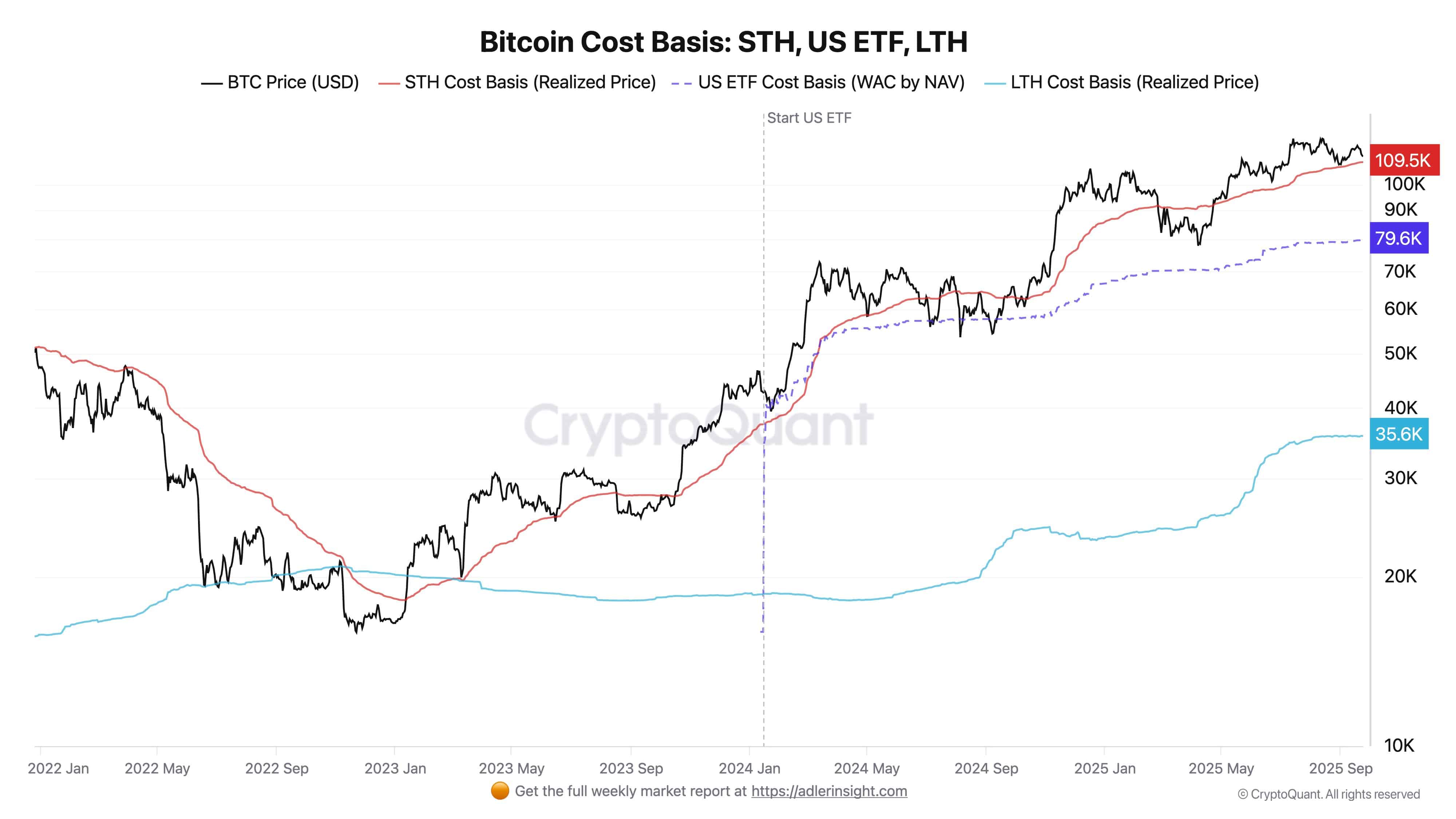Gráfico Cost Basis Bitcoin STH ETF LTH mostrando níveis de preço médio de diferentes investidores