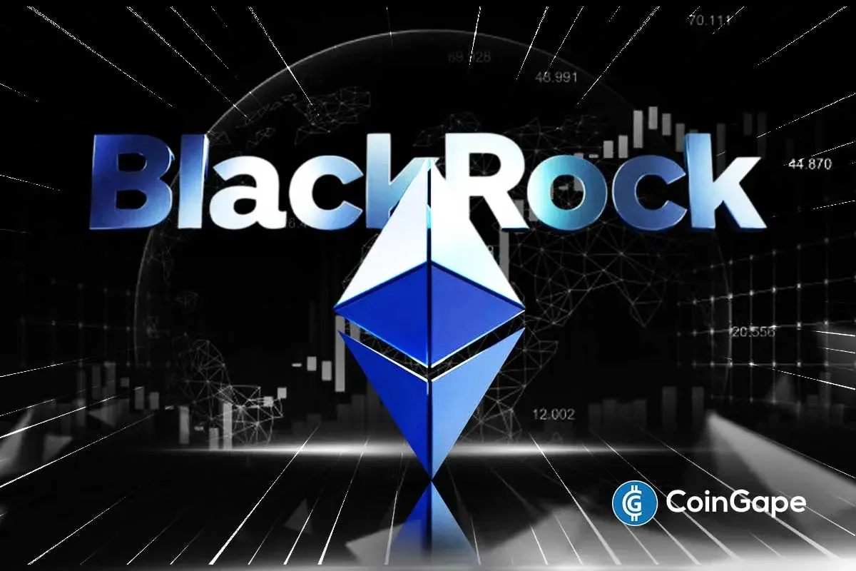 Logo da BlackRock ao lado do símbolo do Ethereum sobre fundo de gráficos financeiros e dados de mercado