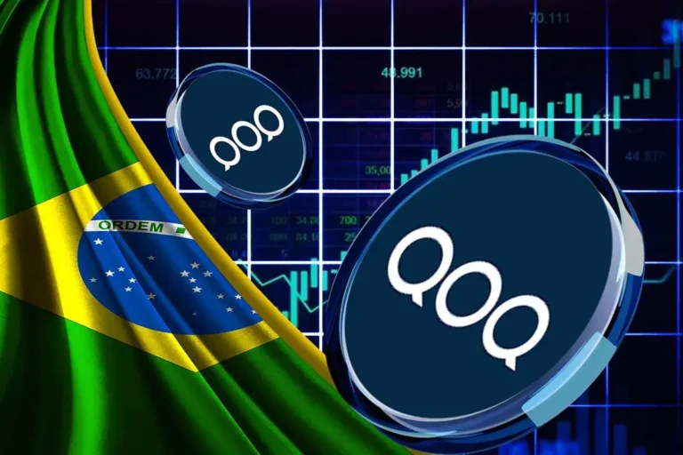 Imagem conceitual mostrando duas moedas digitais com o símbolo "QQQ" flutuando sobre um fundo com a bandeira do Brasil e gráficos de trading em tons de azul e verde. A composição sugere investimentos financeiros ou criptomoedas no mercado brasileiro.
