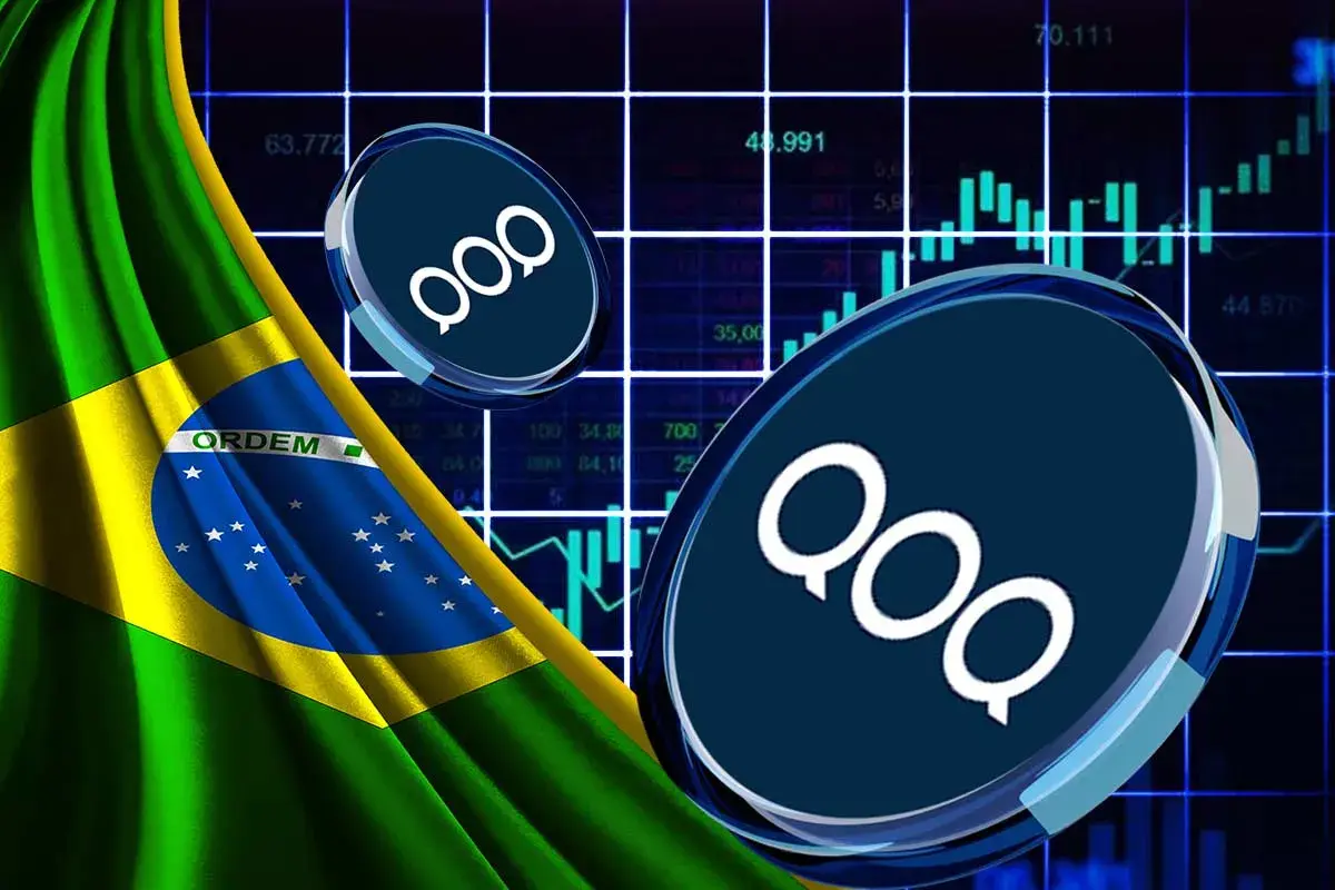 Imagem conceitual mostrando duas moedas digitais com o símbolo "QQQ" flutuando sobre um fundo com a bandeira do Brasil e gráficos de trading em tons de azul e verde. A composição sugere investimentos financeiros ou criptomoedas no mercado brasileiro.