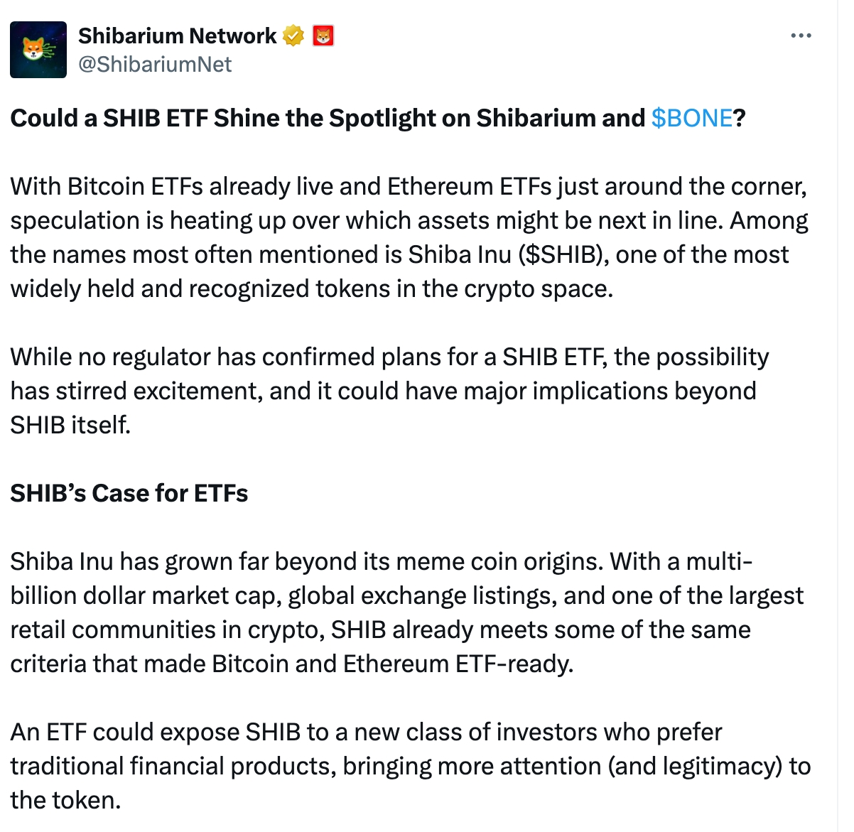 Captura de tela do post do Shibarium Network no X questionando se ETF de SHIB poderia destacar Shibarium e BONE.