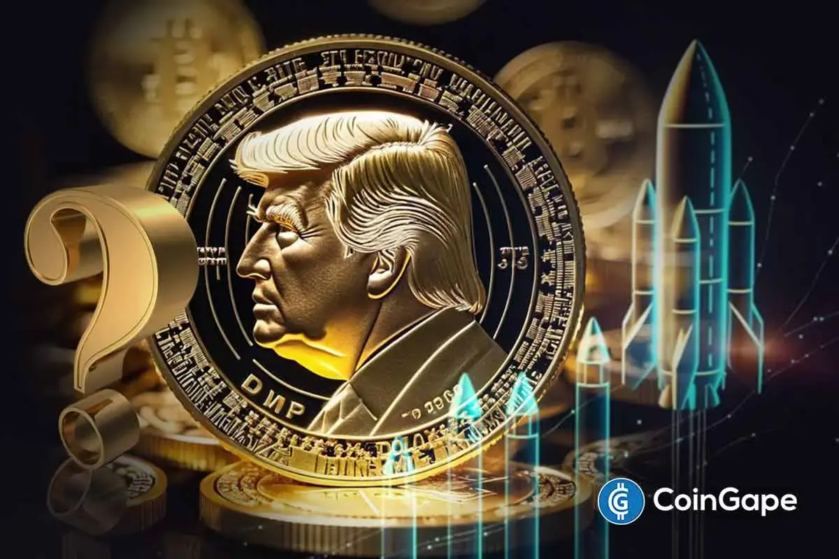 Renderização 3D artística mostrando moeda TRUMP dourada com perfil de Donald Trump, cercada por moedas Bitcoin e setas de alta em fundo escuro com efeitos de luz.