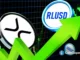 Ilustração mostrando os logos do XRP da Ripple e RLUSD stablecoin com seta verde ascendente sobre gráfico de trading, indicando valorização no mercado de criptomoedas