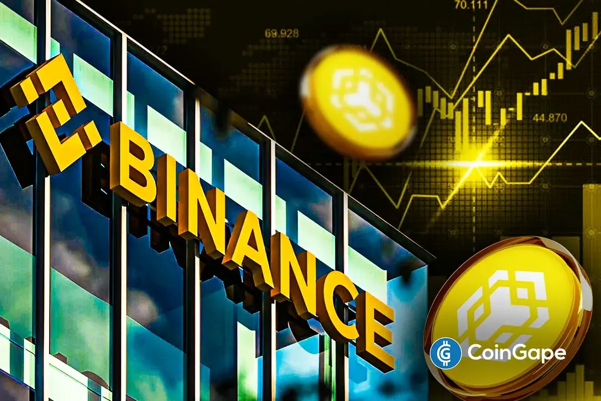 Logo Binance 3D com gráficos financeiros e tokens BNB dourados em alta