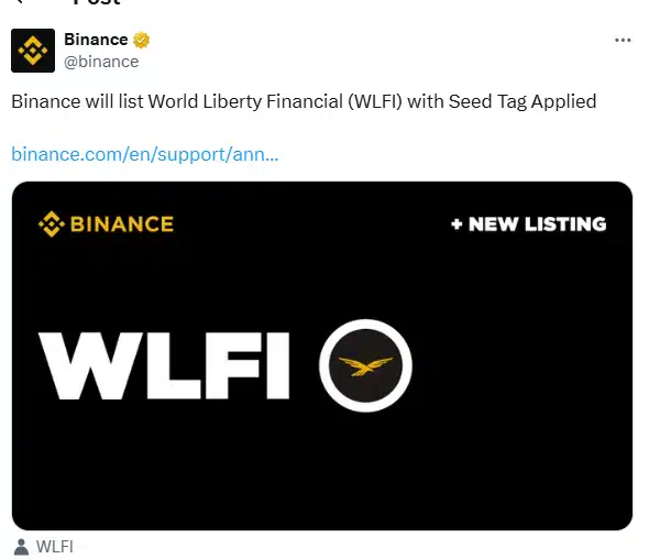 Captura de tela do anúncio da Binance sobre a listagem do token WLFI vinculado ao Trump.