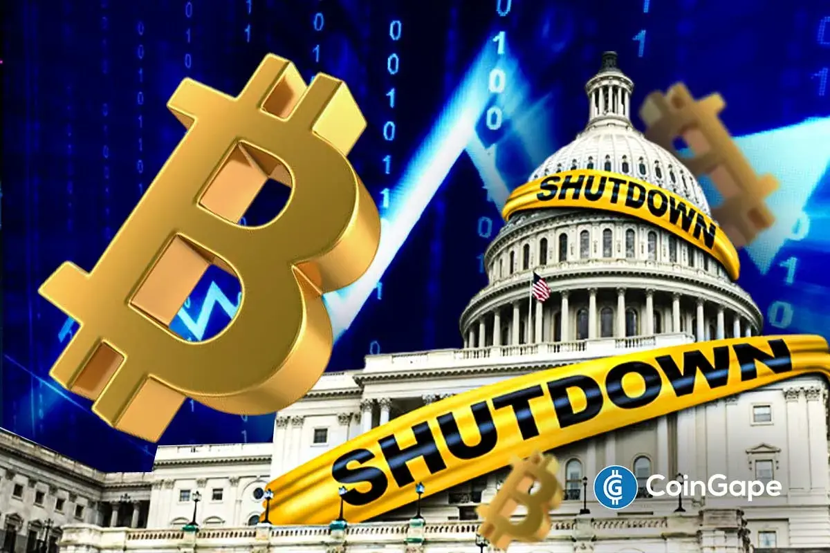 Ilustração com símbolo dourado do Bitcoin, Capitólio dos EUA e faixas amarelas com a palavra "shutdown" sobre fundo azul digital