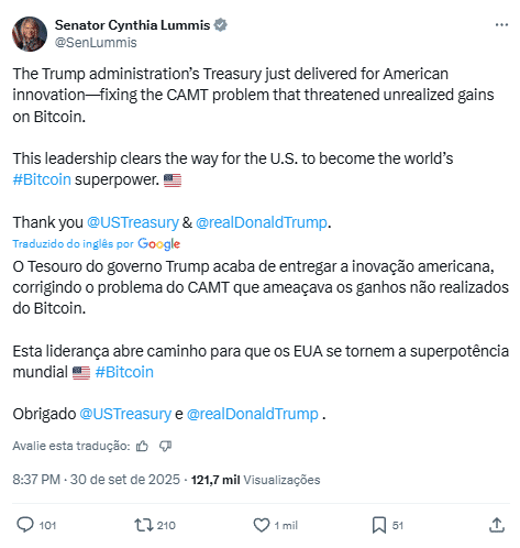 Publicação da senadora Cynthia Lummis no X comemorando a correção do problema CAMT que ameaçava ganhos não realizados em Bitcoin