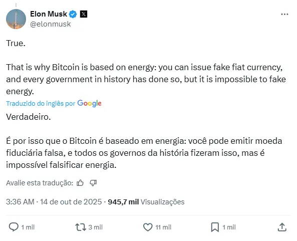 Captura de tela do tweet de Elon Musk afirmando que o Bitcoin é baseado em energia e que é impossível falsificar energia, ao contrário da moeda fiduciária.