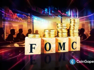 Ilustração conceitual da reunião do FOMC com moedas douradas e gráficos financeiros ao fundo.