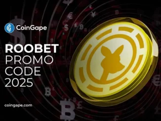 Moeda dourada do Roobet com símbolos de criptomoedas no fundo representando código promocional 2025.