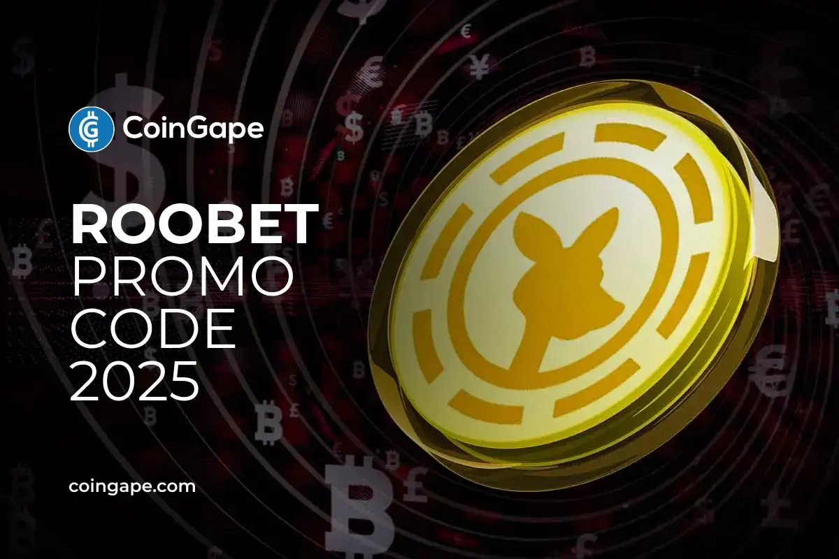 Moeda dourada do Roobet com símbolos de criptomoedas no fundo representando código promocional 2025.