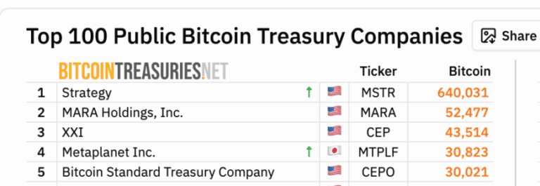 Tabela do BitcoinTreasuries listando as cinco maiores empresas com Bitcoin em tesouraria, destacando Metaplanet em quarto lugar.
