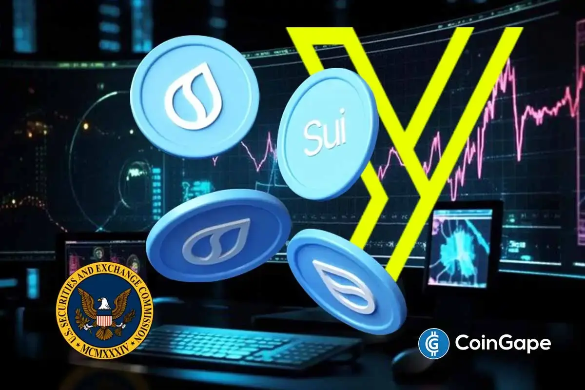 Ilustração digital com tokens da Sui e logo da SEC sobre gráficos de mercado.