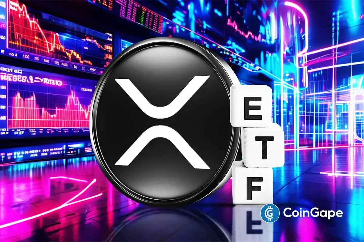 Logotipo circular preto do XRP com letras ETF em blocos brancos, sobreposto a gráficos de trading coloridos em tons de azul e rosa
