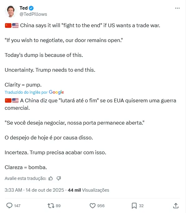 Tweet de Ted Pillows traduzido afirmando que a China lutará até o fim se os EUA quiserem guerra comercial, mas deixa porta aberta para negociações.