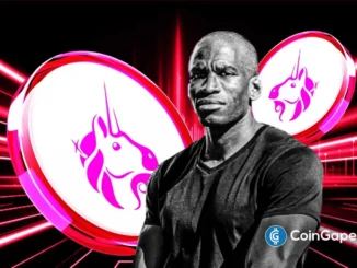 Ilustração de Arthur Hayes com logos da Uniswap em fundo neon vermelho e rosa.