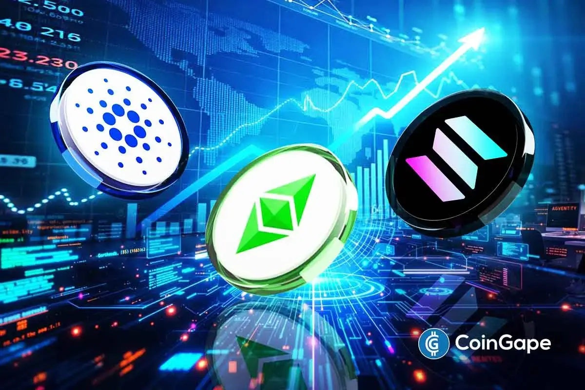 Representação visual das criptomoedas Cardano, Solana e Ethereum.