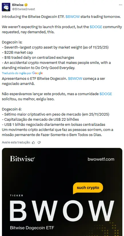 Captura de tela do tweet da Bitwise anunciando o ETF de Dogecoin com ticker BWOW.