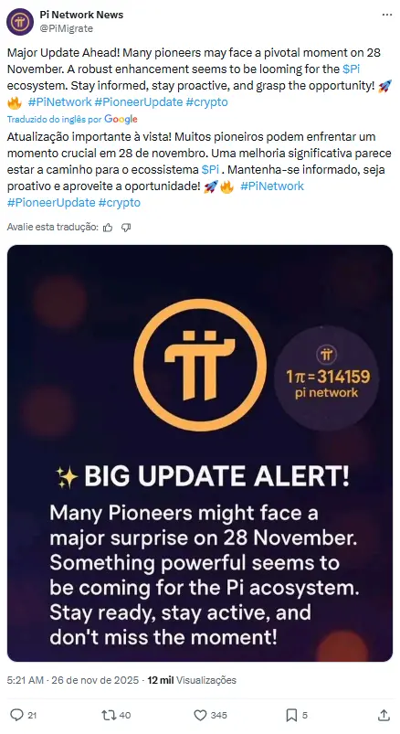 Post da Pi Network News no X (Twitter) sobre grande atualização em 28 de novembro.