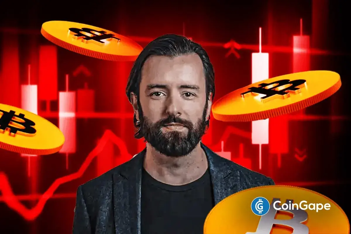 Ilustração conceitual mostrando moedas de Bitcoin em queda com gráficos de preço em tendência de baixa no fundo vermelho