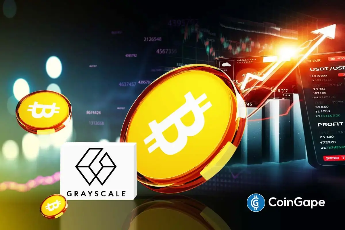Ilustração com moeda dourada do Bitcoin em destaque, logo da Grayscale e gráficos financeiros mostrando tendência de alta no mercado de criptomoedas.