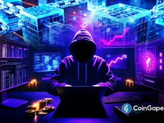 Ilustração digital de um hacker encapuzado em frente a múltiplas telas de computador exibindo gráficos de criptomoedas e símbolos de blockchain em ambiente cibernético com tons de azul e roxo.