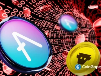 Moeda AAVE em azul e roxo e token amarelo sobre fundo digital vermelho com código binário representando turbulência no mercado de criptomoedas.