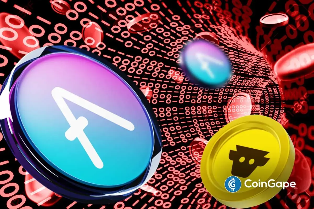 Moeda AAVE em azul e roxo e token amarelo sobre fundo digital vermelho com código binário representando turbulência no mercado de criptomoedas.