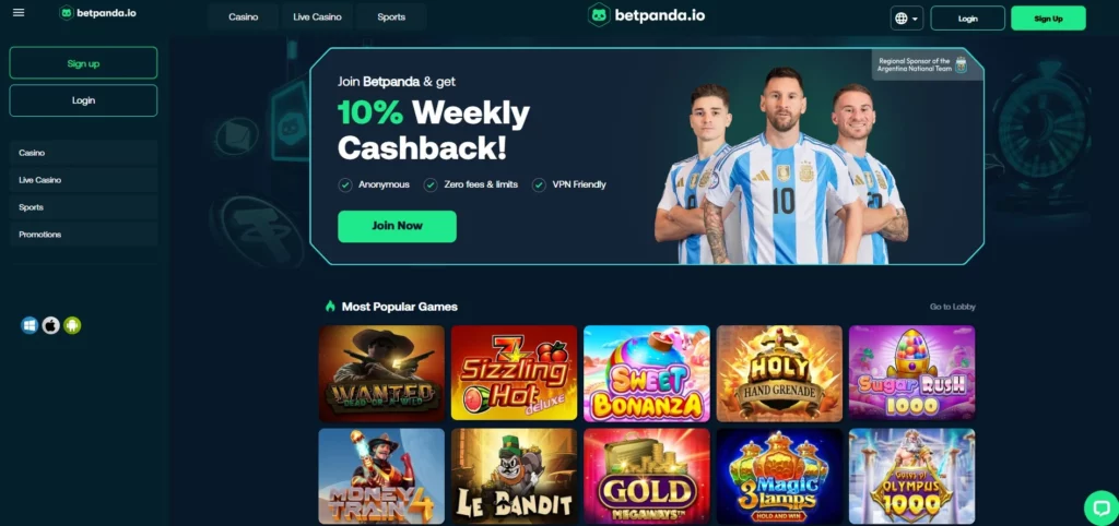 Interface do site BetPanda mostrando banner de 10% de cashback semanal e jogos populares de slots.