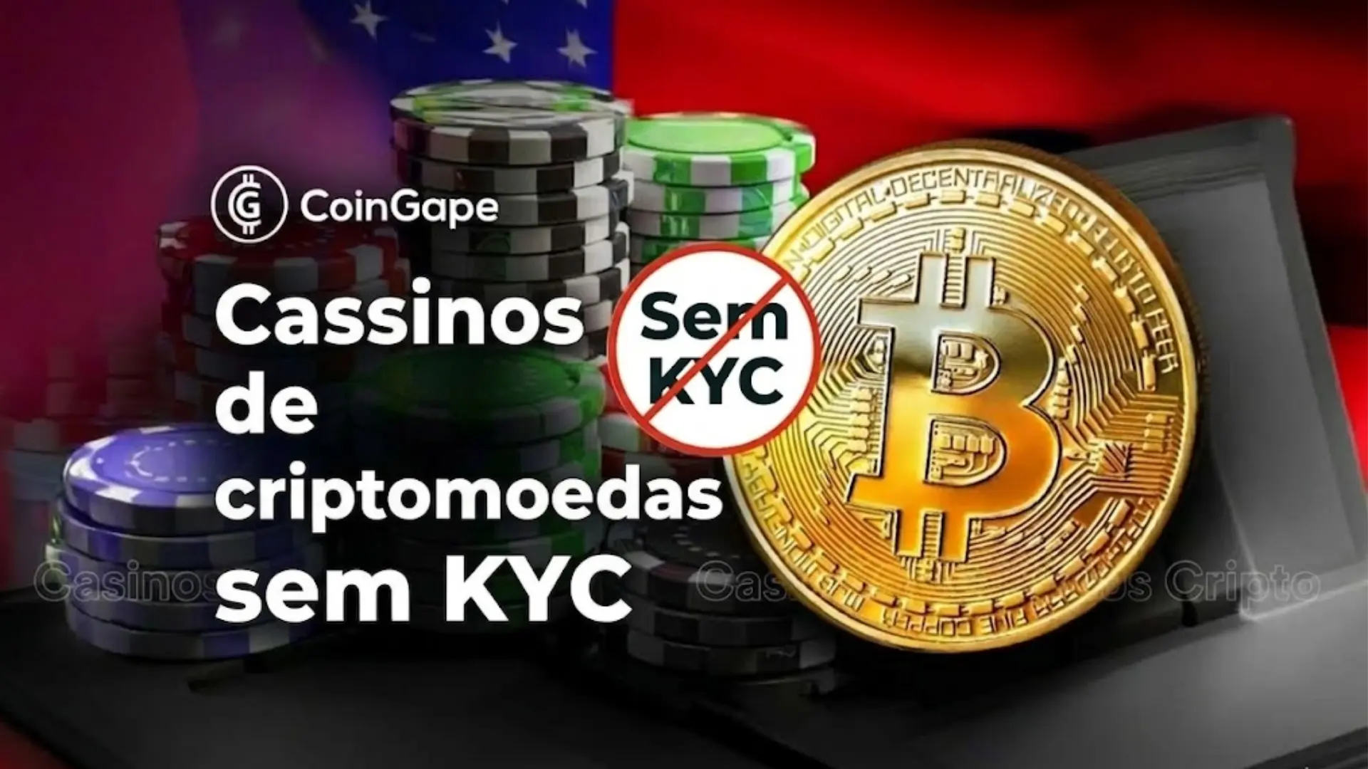 Fichas de cassino coloridas e moeda de Bitcoin com símbolo de proibição de KYC, representando cassinos cripto que não exigem verificação de identidade.