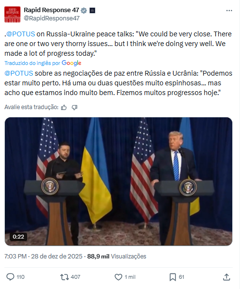 Tweet do presidente Donald Trump comentando sobre as negociações de paz entre Rússia e Ucrânia, acompanhado de vídeo da reunião com Zelenskyy na Casa Branca.