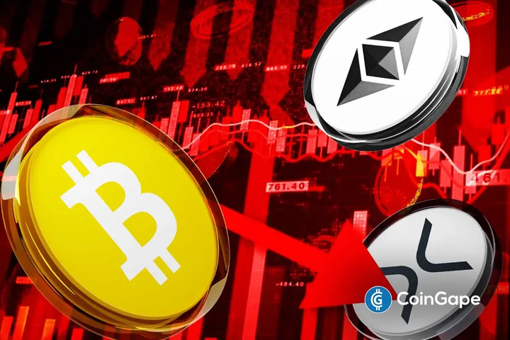 Moedas de Bitcoin, Ethereum e XRP com gráficos vermelhos indicando queda de preços.