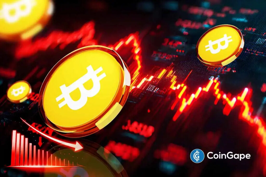 Moedas douradas de Bitcoin sobre gráficos vermelhos em queda com setas indicando tendência baixista