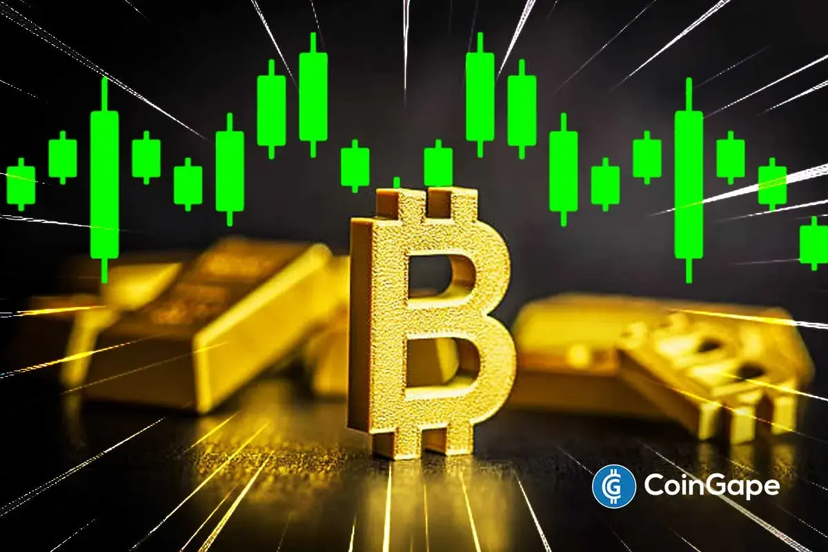 Símbolo dourado do Bitcoin em destaque com barras de ouro e gráfico de candlesticks verdes ao fundo.